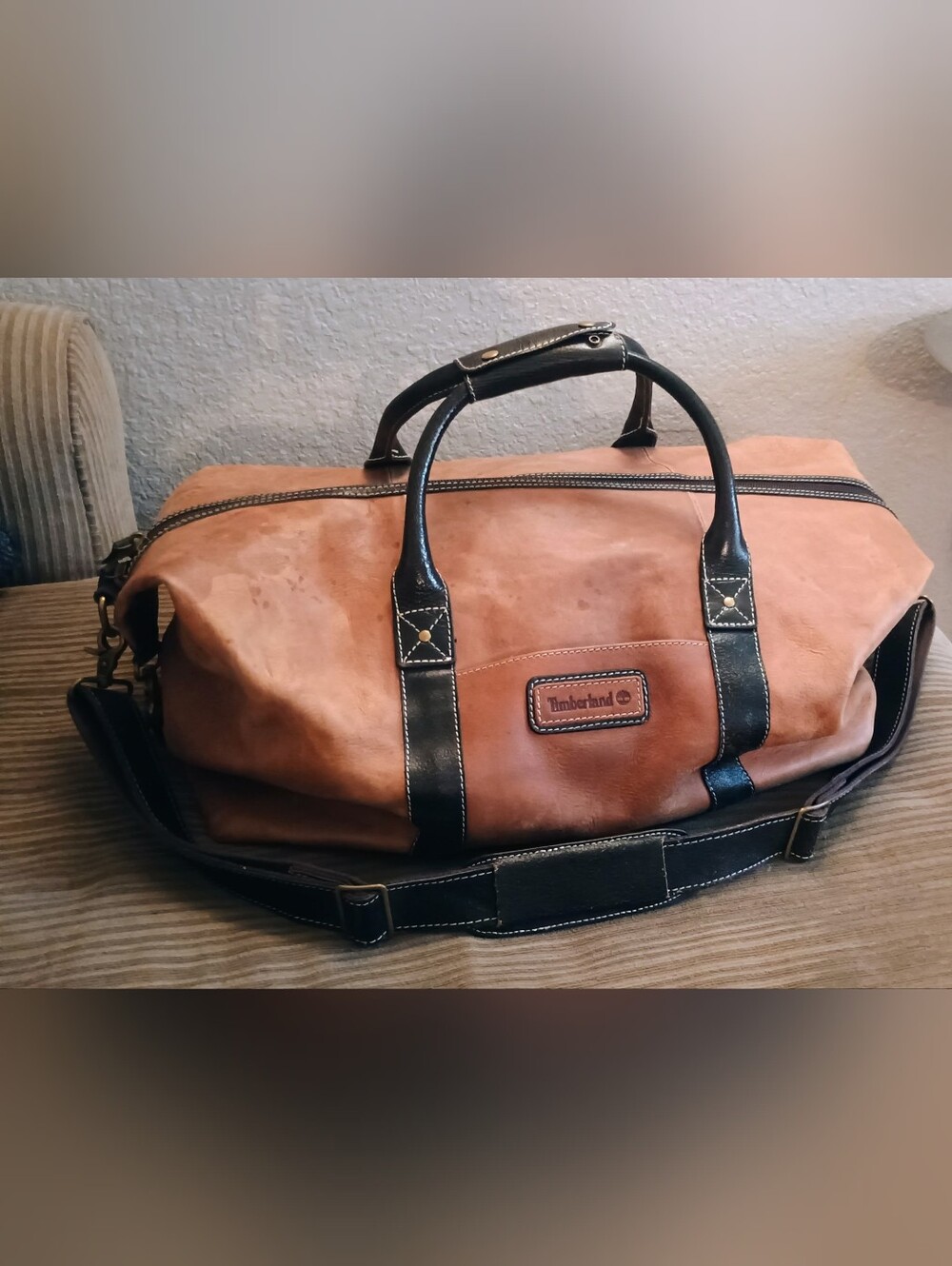 Timberland Tan and Black Leather Duffel Bag